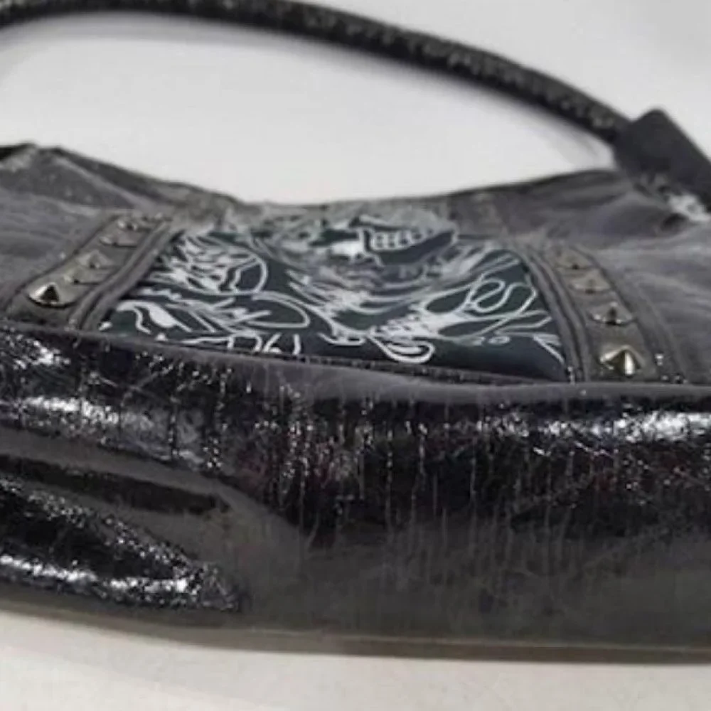 Ed Hardy Black & Silver Patent Leather Shoulder Bag Regualer Medium Size Bag - Picture 5 of 9
